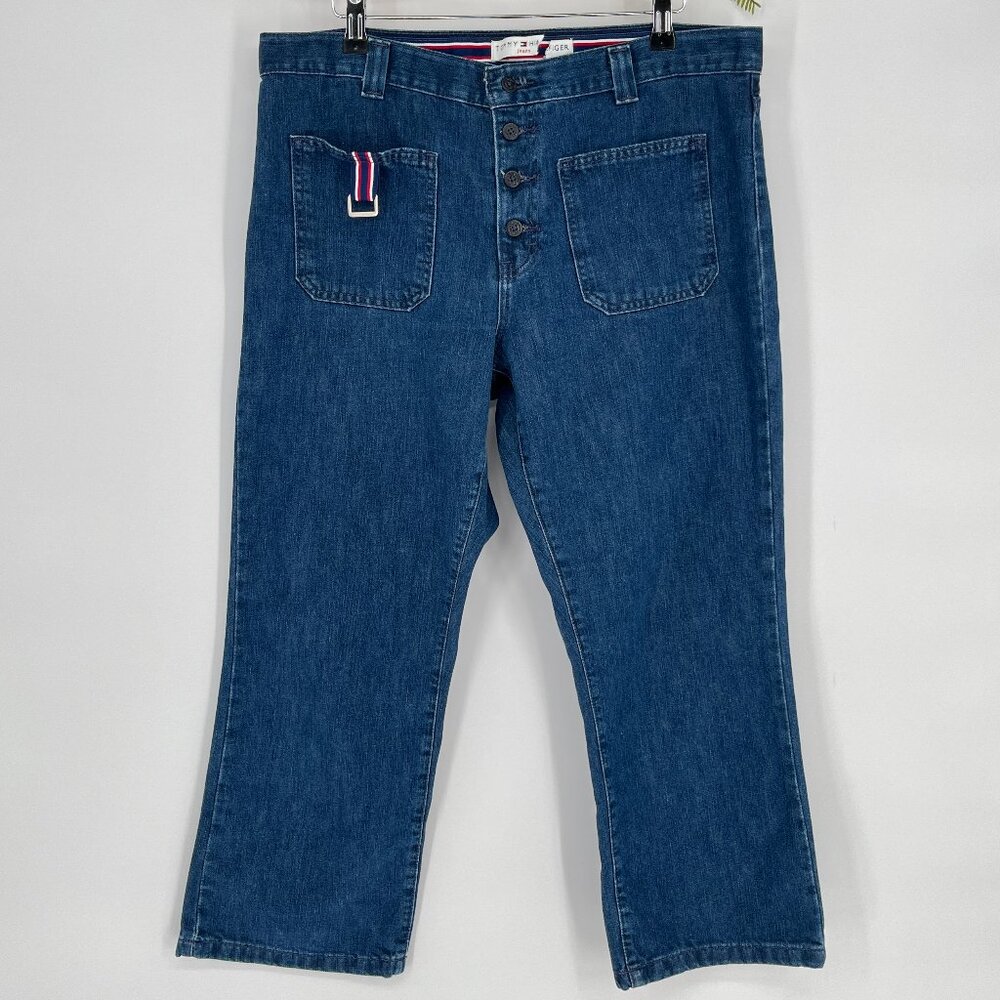 Y2K Tommy Hilfiger Signature Stripes Cropped  Button‎ Fly Pedal Pusher Jeans 12